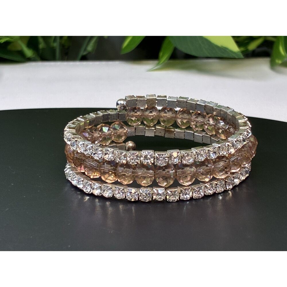 Vintage 3-Strand White And Champagne Colored Rhinestone Wrap Bracelet - Picture 5 of 7